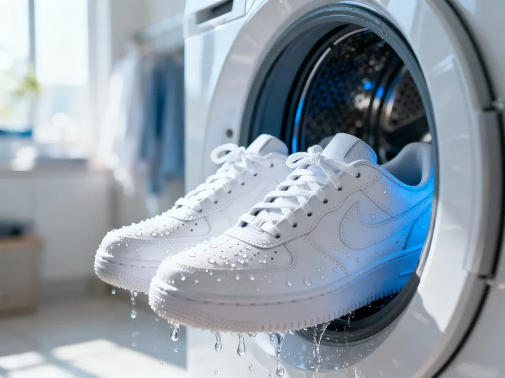 Czyste białe sneakersy w bębnie pralki, gotowe do procesu odświeżania obuwia.