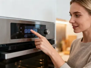 Serwisant w rękawicach ochronnych czyści szczoteczką elektrozawór zmywarki na stanowisku roboczym.
