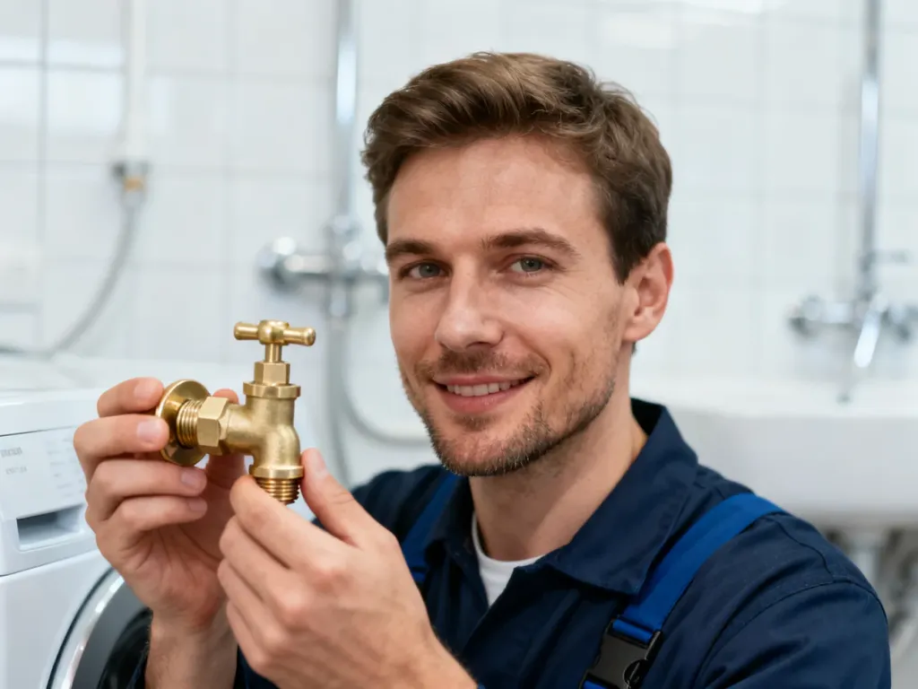 Hydraulik trzymający w dłoniach nowoczesny zawór do pralki na tle jasnej pralni.