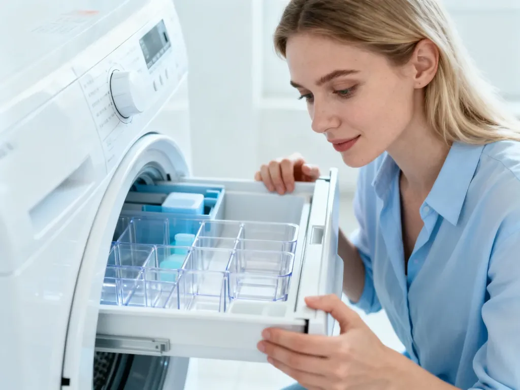 Kobieta otwiera szufladę na detergent w nowoczesnej pralce, wskazując na odpowiednie przegródki na proszek.