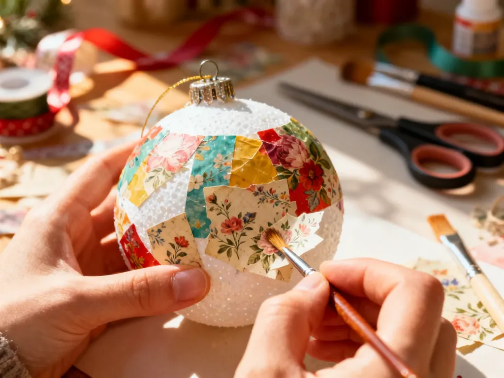 Dłonie ozdabiające bombkę styropianową techniką decoupage przy użyciu pędzla i kolorowych motywów kwiatowych.