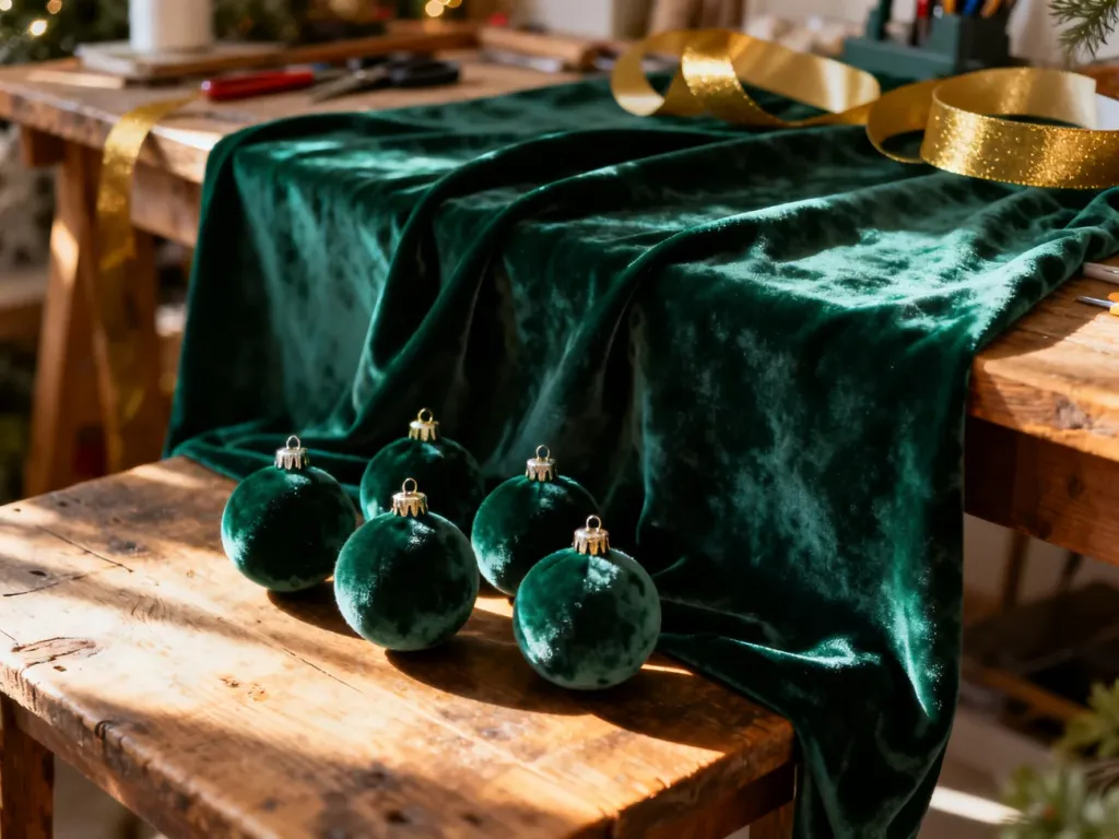 Eleganckie, aksamitne bombki w kolorze szmaragdowej zieleni ułożone na drewnianym stole w świątecznym warsztacie.