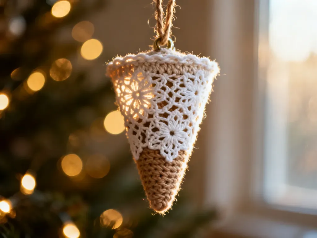 Ręcznie szydełkowana biała bombka w kształcie stożka z ażurowym wzorem, zawieszona na sznurku w ciepłym, świątecznym świetle.