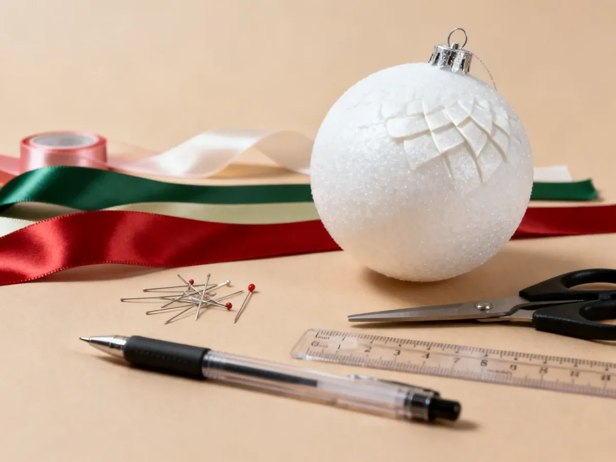 Materiały do wykonania bombki ze wstążek ułożone na stole