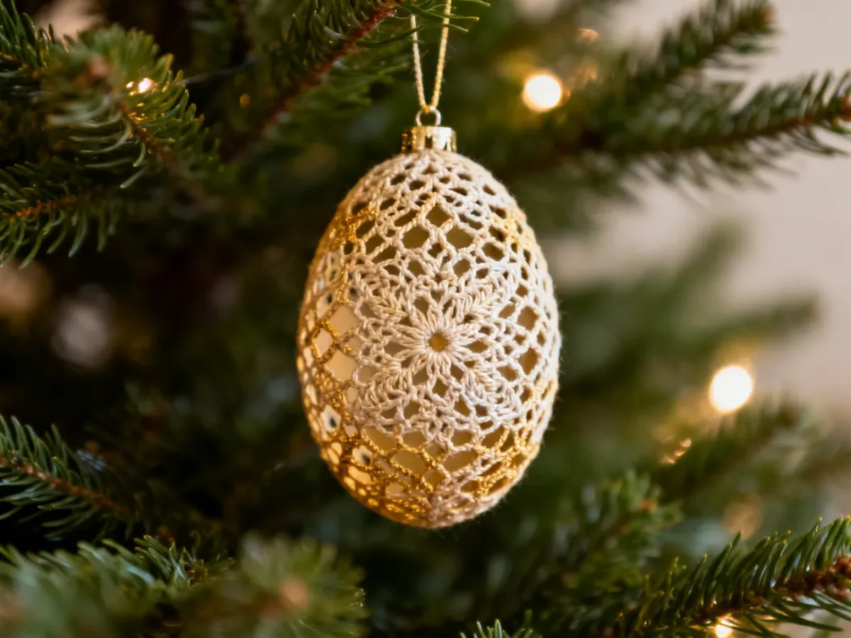 A delicate oval crocheted ornament hanging on a Christmas tree