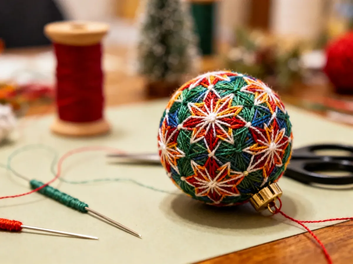 Kolorowa haftowana bombka temari z geometrycznym wzorem tsumu