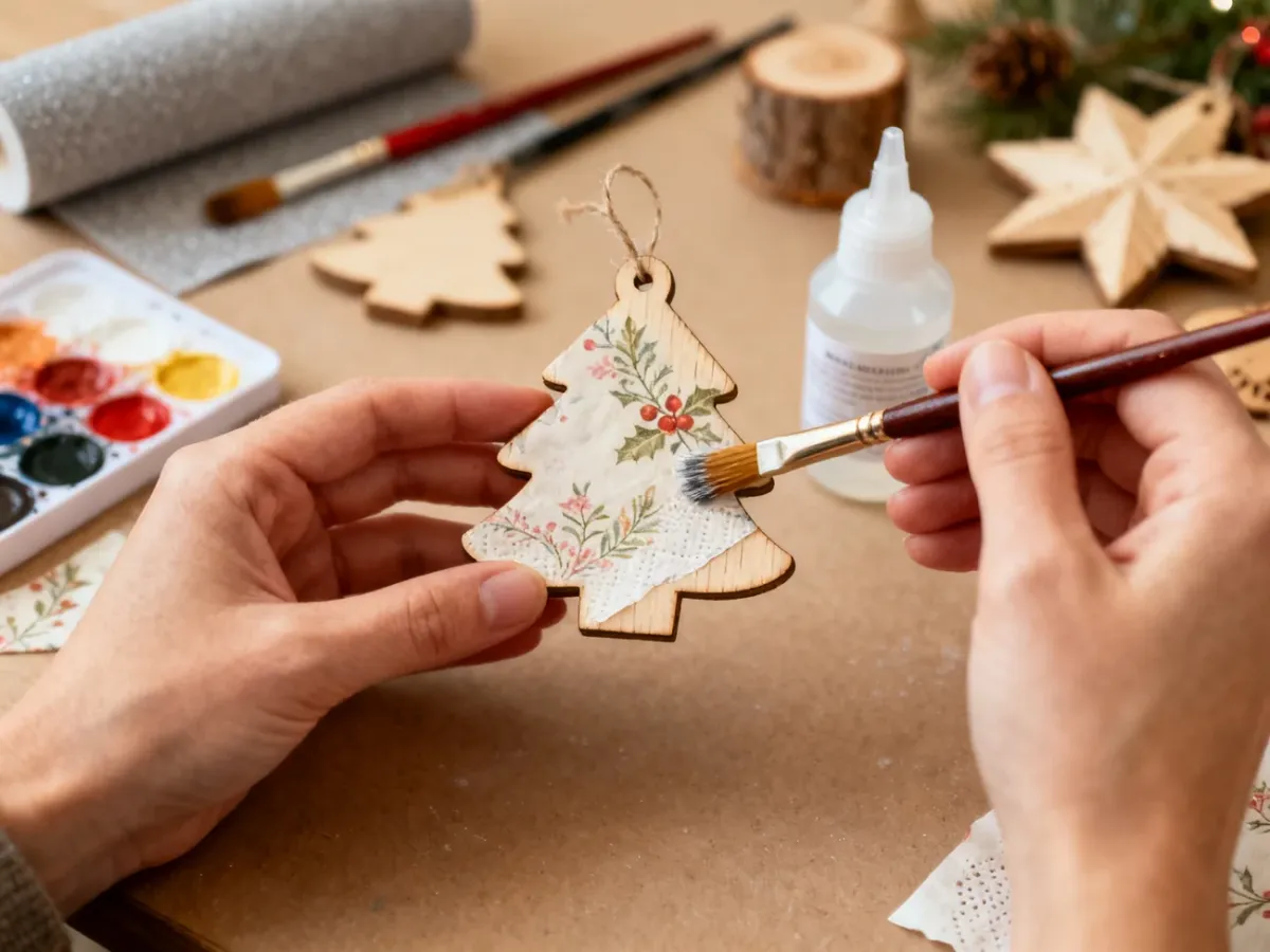 Dłonie ozdabiające drewnianą świąteczną zawieszkę techniką decoupage