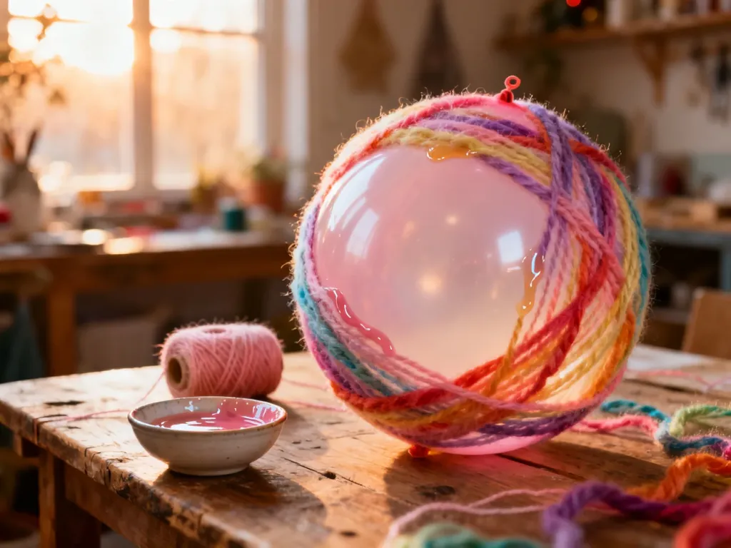 Proces tworzenia bombki z włóczki: balon owinięty nicią z klejem na drewnianym stole w przytulnym warsztacie.