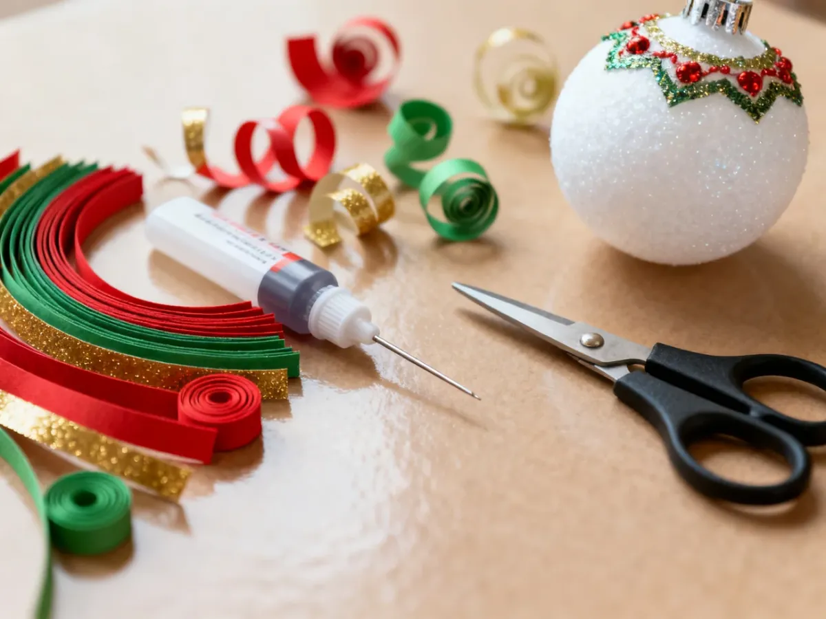Przybory do wykonania bombki metodą quillingu na stole
