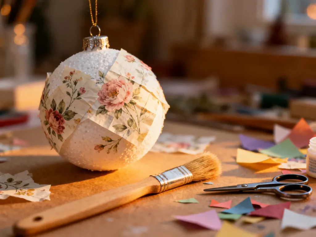 Proces ozdabiania bombki styropianowej metodą decoupage przy użyciu serwetek, pędzla i kleju w przytulnej pracowni.