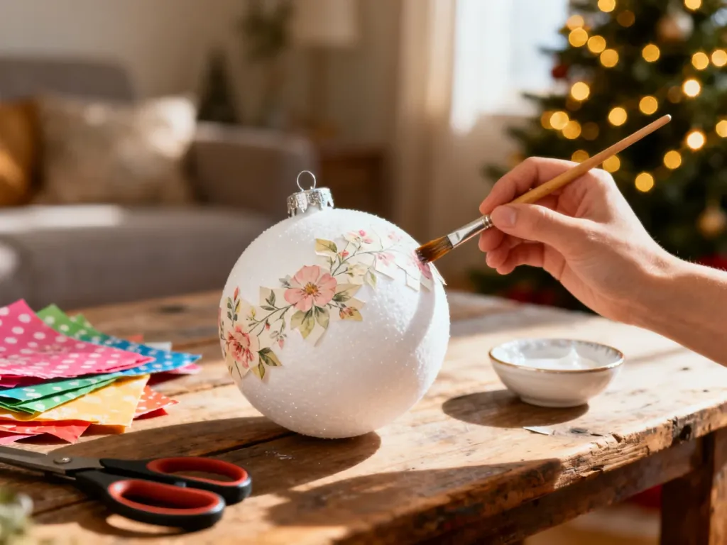Ozdabianie styropianowej bombki techniką decoupage przy użyciu wzorzystych serwetek, pędzla i kleju na drewnianym stole.